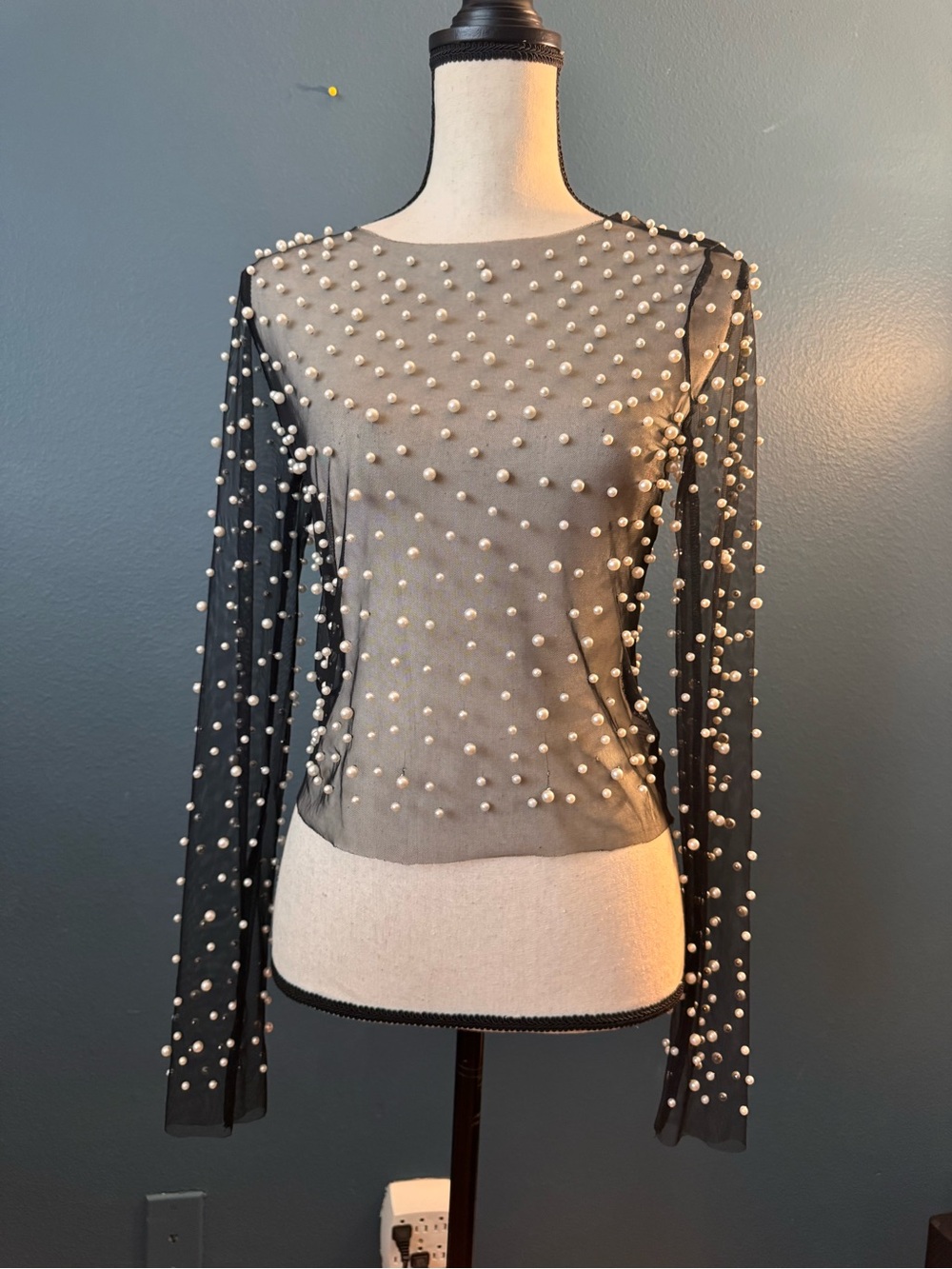 Pearl-Embellished Sheer Long Sleeve Top - Black